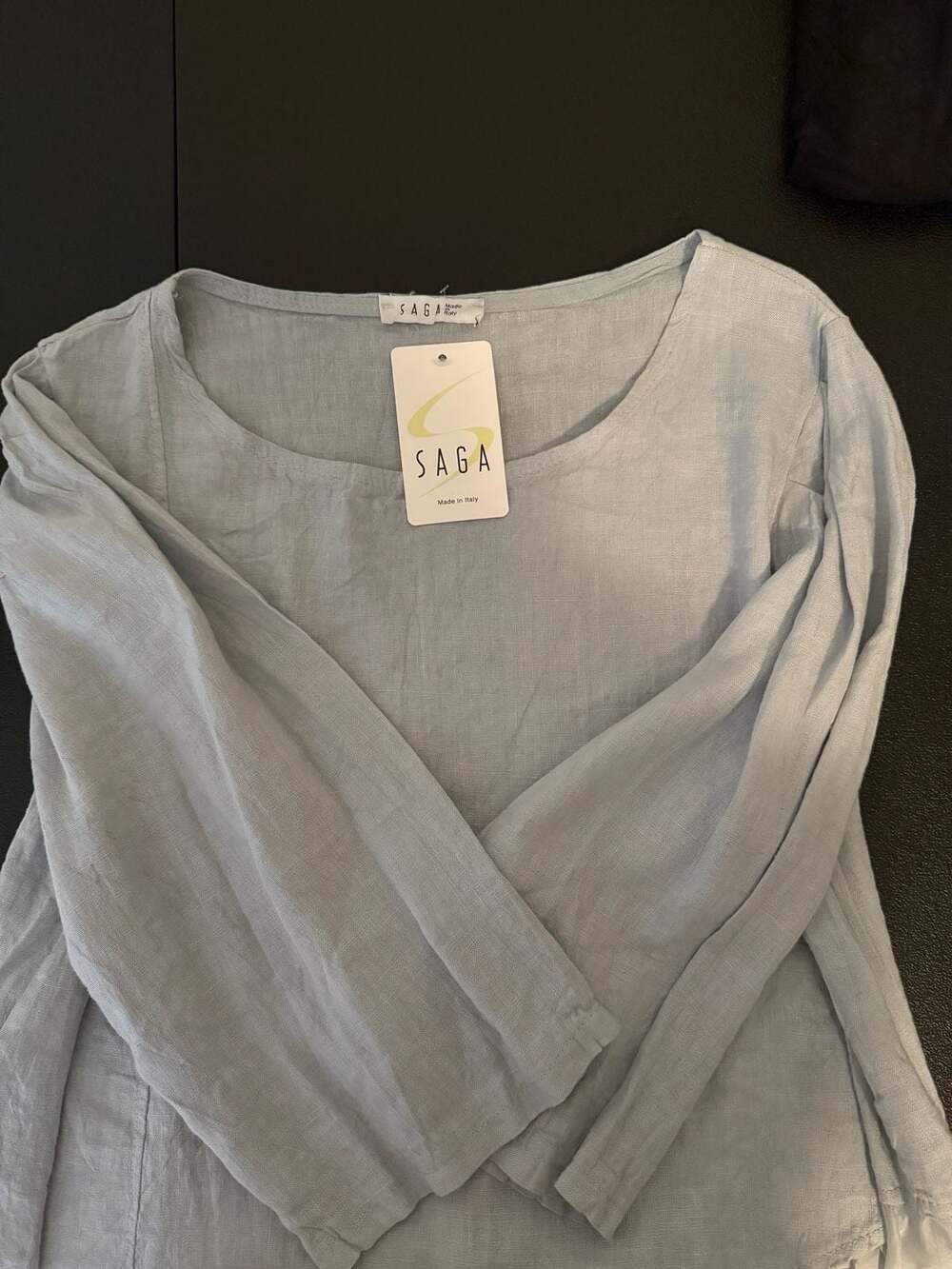 SAGA Made in Italy 100% Linen Asymmetrical Ruffle Hem Top Grey - Picture 7 of 8